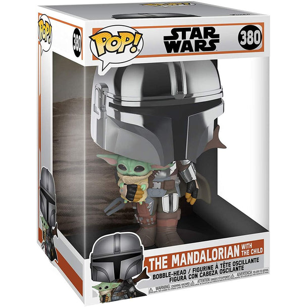 Vue rapprochée de la figurine Funko POP Mandalorian avec l'Enfant Yoda, détails précis et couleurs vives