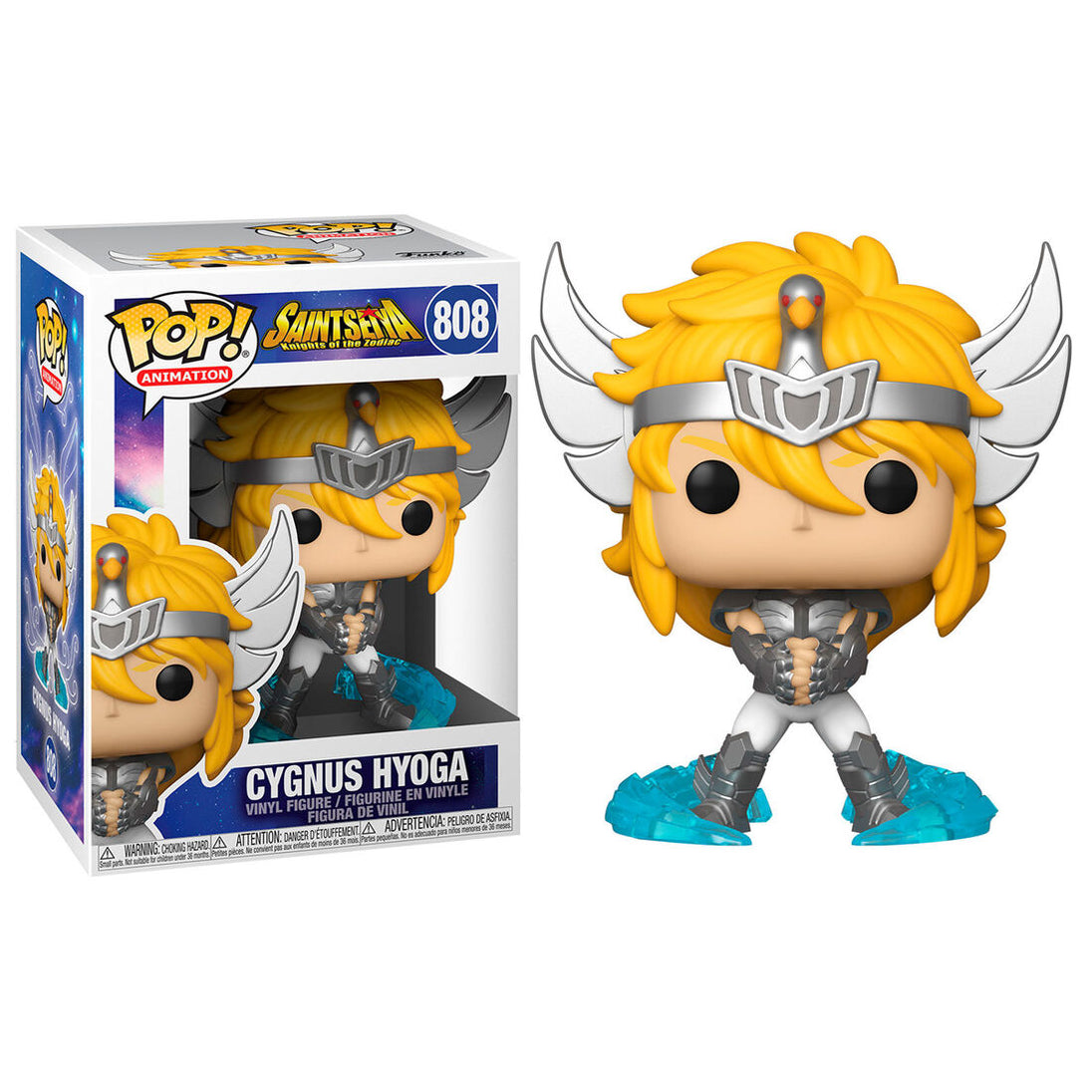 Vue latérale de la figurine Funko POP Cygnus Hyoga Saint Seiya avec boîte transparente et fond blanc