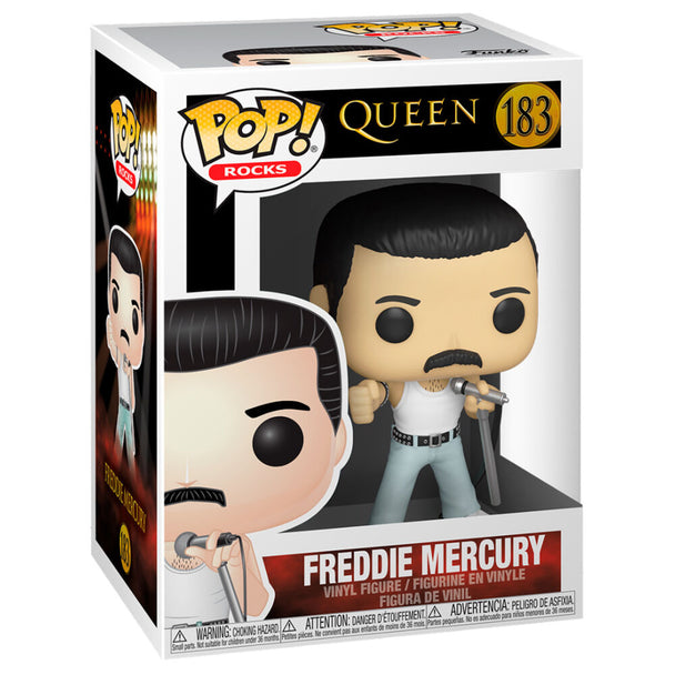 Détail de la figurine Funko POP Freddie Mercury montrant son visage expressif et ses vêtements colorés.