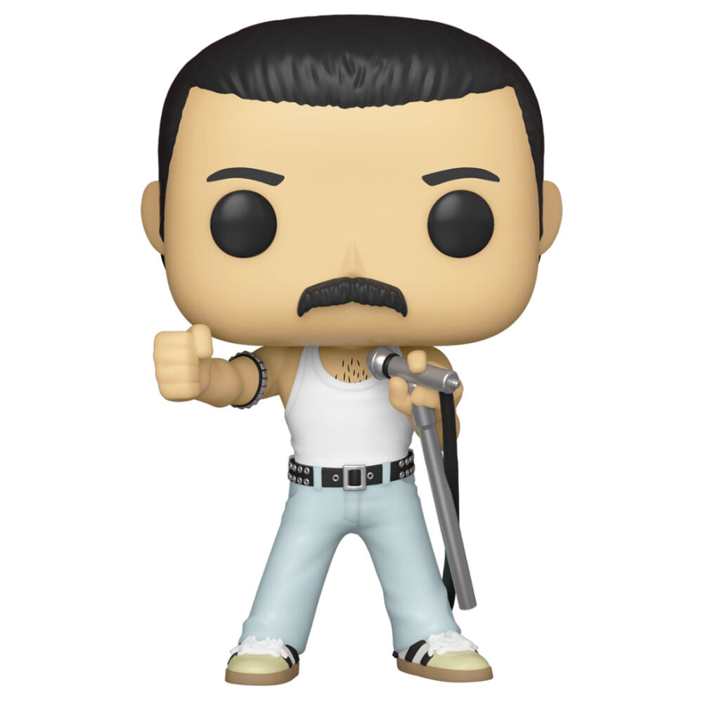 Boîte vitrine de la figurine Funko POP Freddie Mercury Radio Gaga avec logo Queen visible sur le côté.