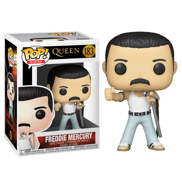 Figurine Funko POP de Freddie Mercury en tenue Radio Gaga, vue de face dans sa boîte vitrine transparente.