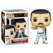 Figurine Funko POP de Freddie Mercury en tenue Radio Gaga, vue de face dans sa boîte vitrine transparente.