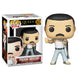 Figurine Funko POP de Freddie Mercury en tenue Radio Gaga, vue de face dans sa boîte vitrine transparente.