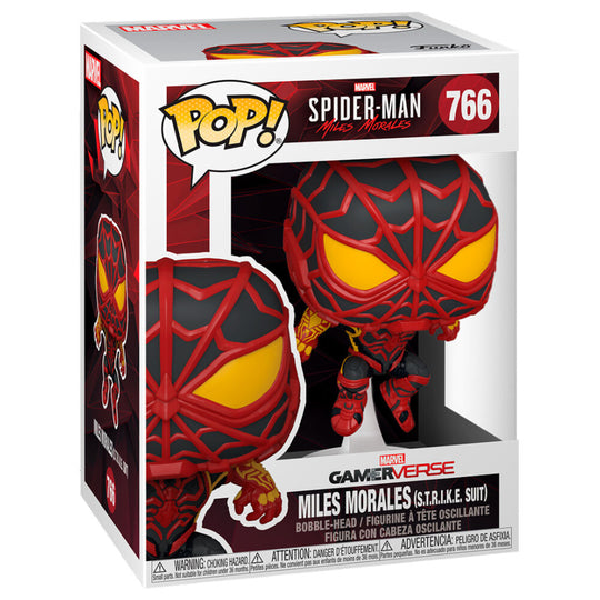 Détail du visage et du costume S.T.R.I.K.E. de la figurine Funko POP Spider-Man Miles Morales en vinyle