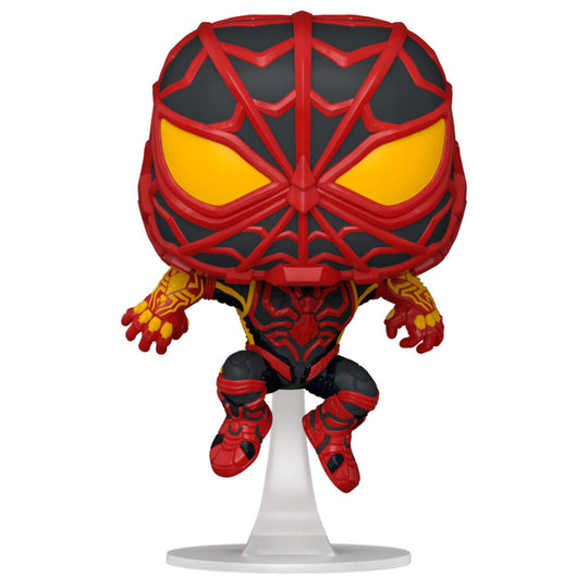 Vue latérale de la figurine Funko POP Spider-Man Miles Morales avec son costume S.T.R.I.K.E. dans sa boîte