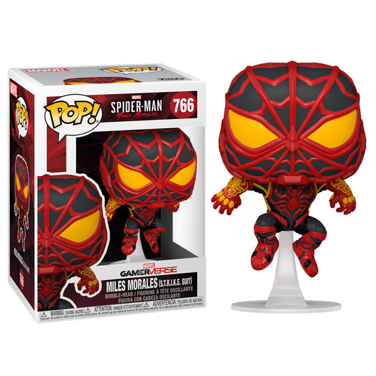 Figurine Funko POP Spider-Man Miles Morales en costume S.T.R.I.K.E. vue de face dans sa boîte vitrine