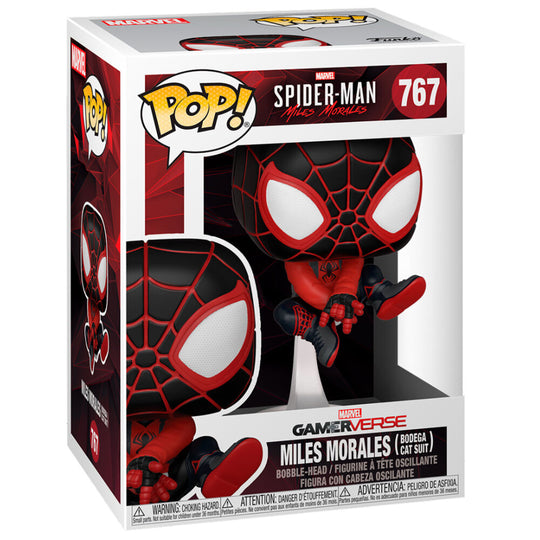 Figurine Funko POP Spider-Man Miles Morales Bodega Cat Suit posée sur un support blanc, mettant en valeur son design unique