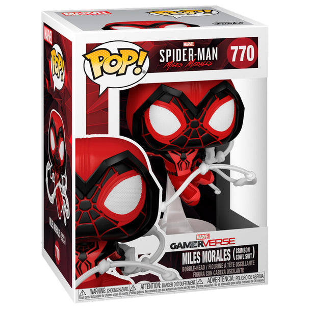 Zoom sur la figurine Funko POP Spiderman Miles Morales avec détails du costume Crimson Cowl en vinyle