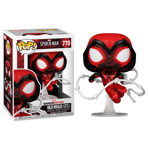 Figurine Funko POP Spiderman Miles Morales en costume Crimson Cowl vue de face dans sa boîte vitrine