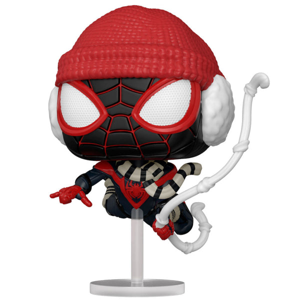 Vue rapprochée de la figurine Funko POP Spiderman Miles Morales avec son costume hivernal détaillé
