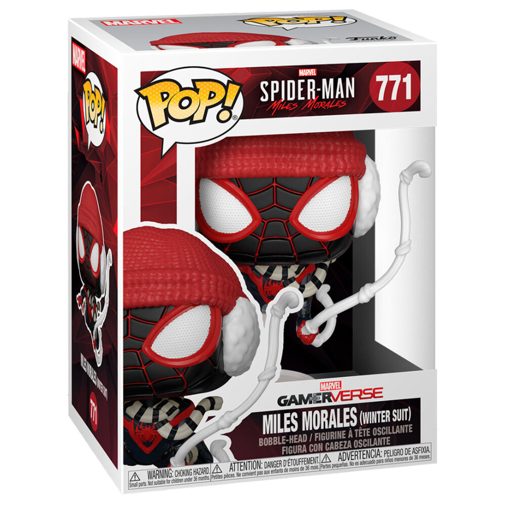 Packaging officiel Funko POP montrant la figurine Spiderman Miles Morales hiver sur fond Marvel