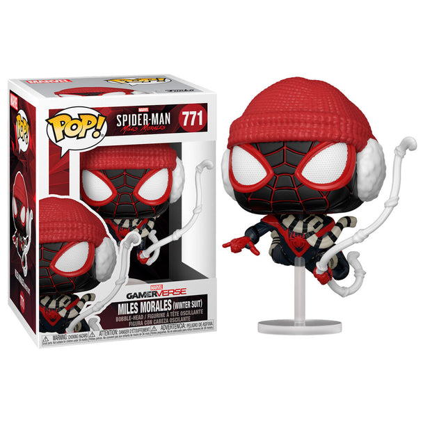 Figurine Funko POP Spiderman Miles Morales en tenue hiver dans sa boîte vitrine transparente
