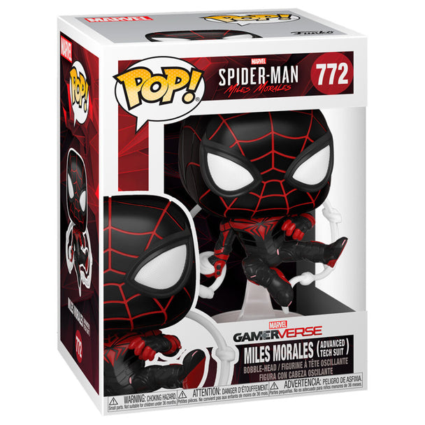 Gros plan sur la figurine Funko POP Spiderman Miles Morales, mettant en valeur les détails du costume Tech.