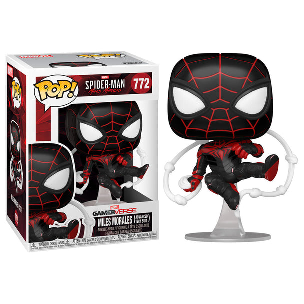 Figurine Funko POP de Spiderman Miles Morales en costume Tech avancé, vue de face dans sa boîte vitrine.