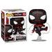 Figurine Funko POP de Spiderman Miles Morales en costume Tech avancé, vue de face dans sa boîte vitrine.