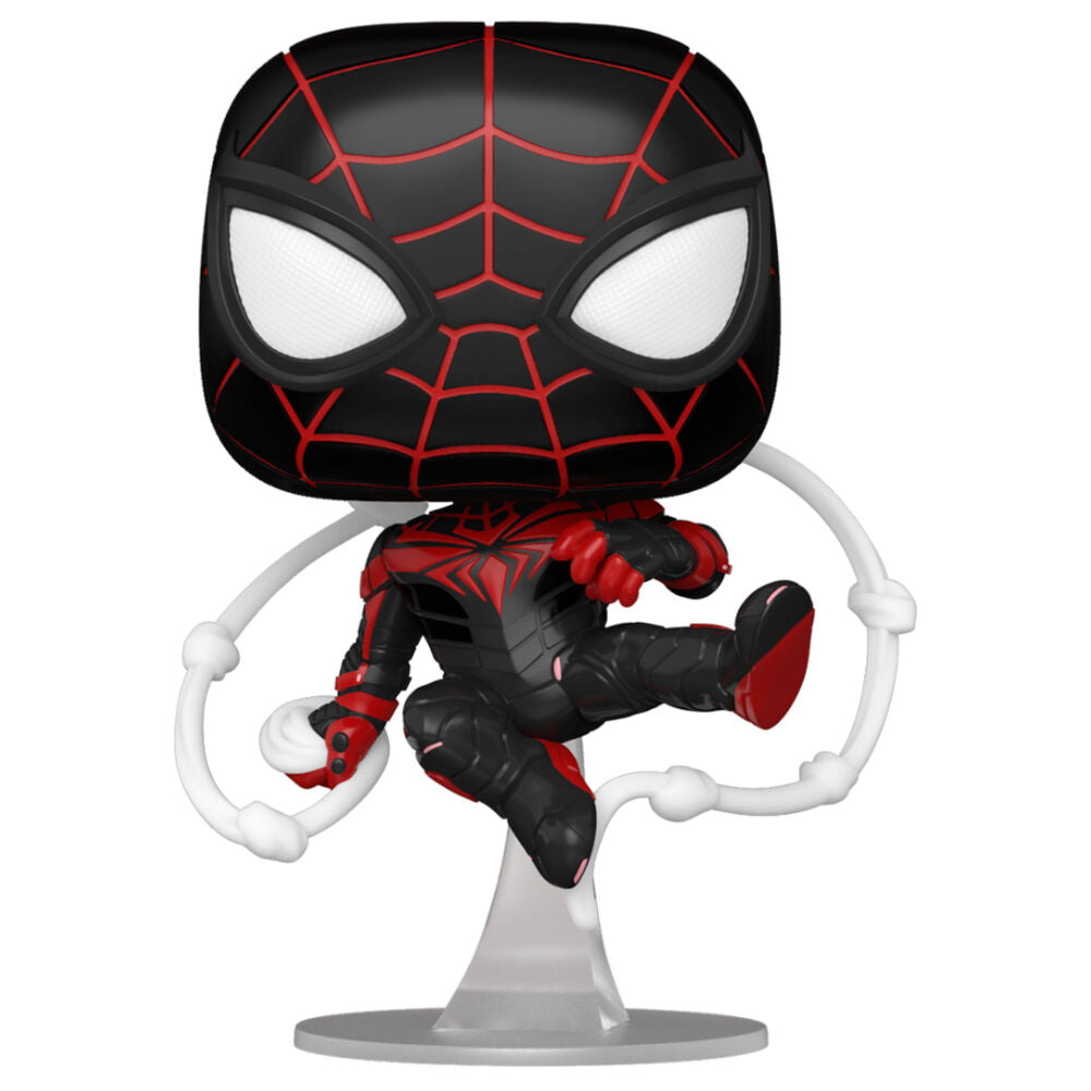 Vue latérale de la figurine Funko POP Marvel Spiderman Miles Morales avec son emballage fenêtre transparent.