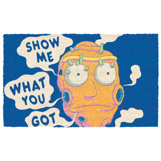 Paillasson Rick and Morty 'Show Me What You Got' de 60x40cm avec design coloré et texte distinctif, idéal pour porte d'entrée.