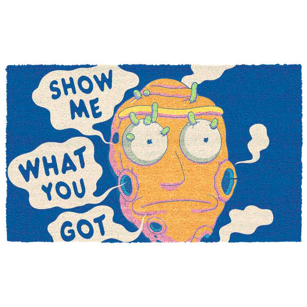 Paillasson Rick and Morty 'Show Me What You Got' de 60x40cm avec design coloré et texte distinctif, idéal pour porte d'entrée.