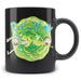 Détail du mug Rick and Morty montrant le logo officiel imprimé sur la surface en céramique