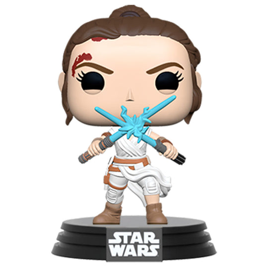 Figurine Funko POP de Rey de Star Wars The Rise of Skywalker avec sabres laser dans sa boîte vitrine