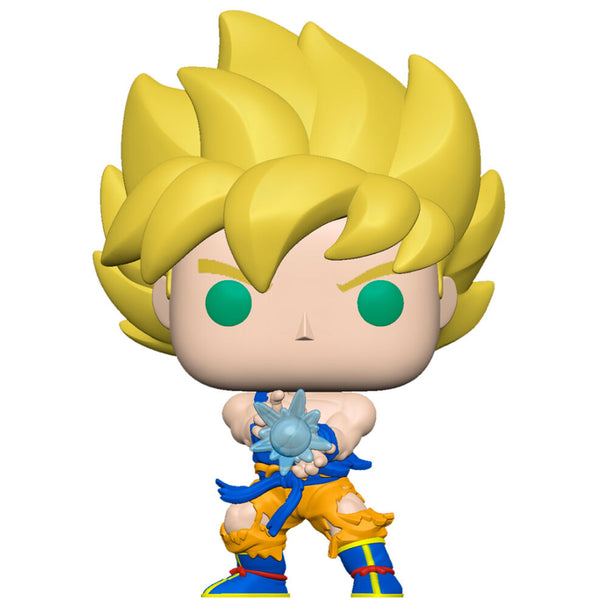 Figurine Funko POP de Goku Super Saiyan en position de combat avec onde Kamehameha visible, 9 cm de hauteur.