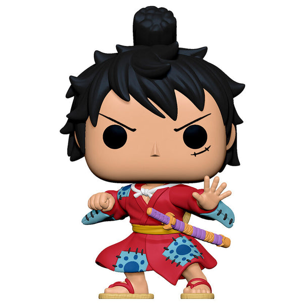 Figurine Funko POP de Luffy en kimono rouge, debout sur fond blanc, hauteur 9 cm