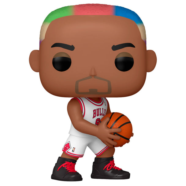 Figurine Funko POP NBA Legends Dennis Rodman en tenue des Chicago Bulls, vue de face dans sa boîte vitrine