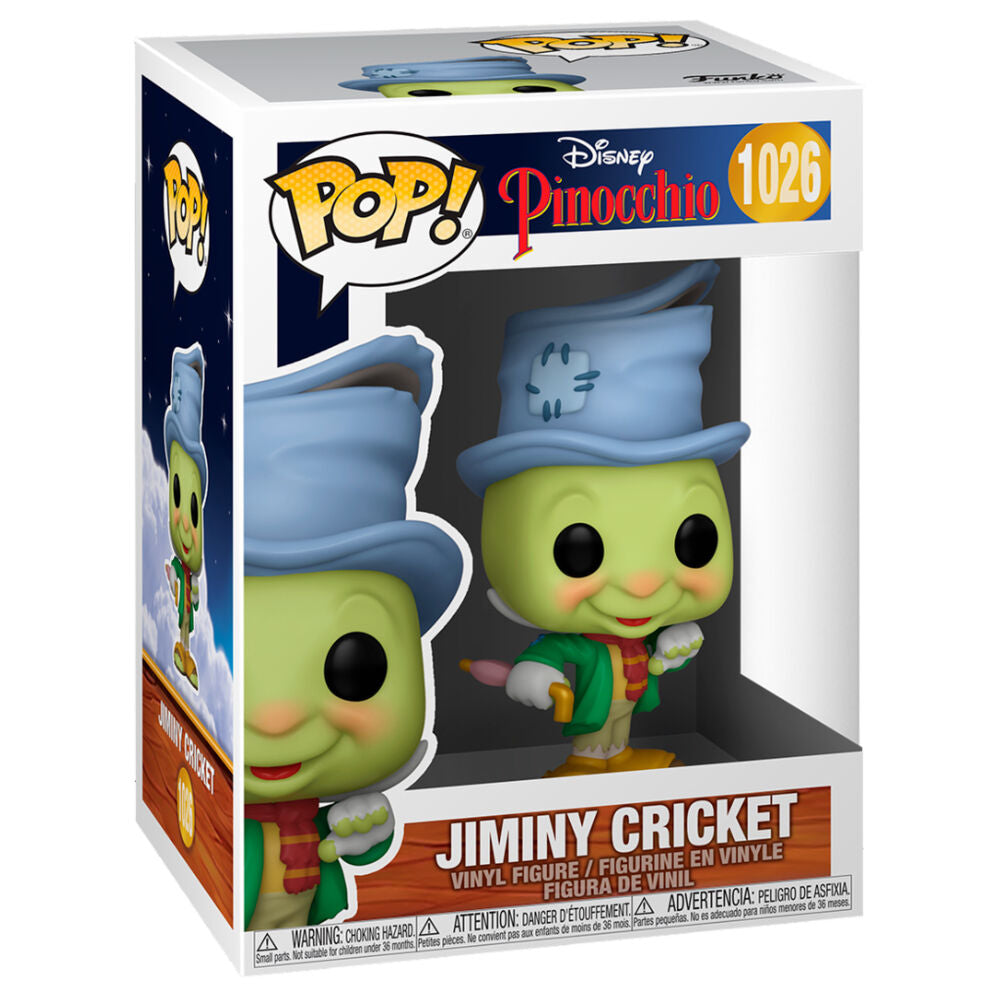 Vue latérale de la boîte Funko POP avec la figurine Jiminy Cricket, parfaite pour les collectionneurs Disney.
