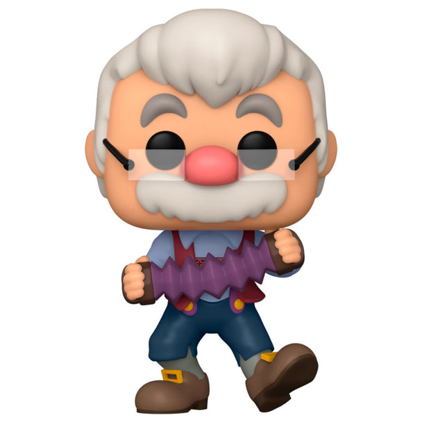 Zoom sur les détails de la figurine Geppetto Funko POP jouant de l'accordéon, en vinyle de 9 cm