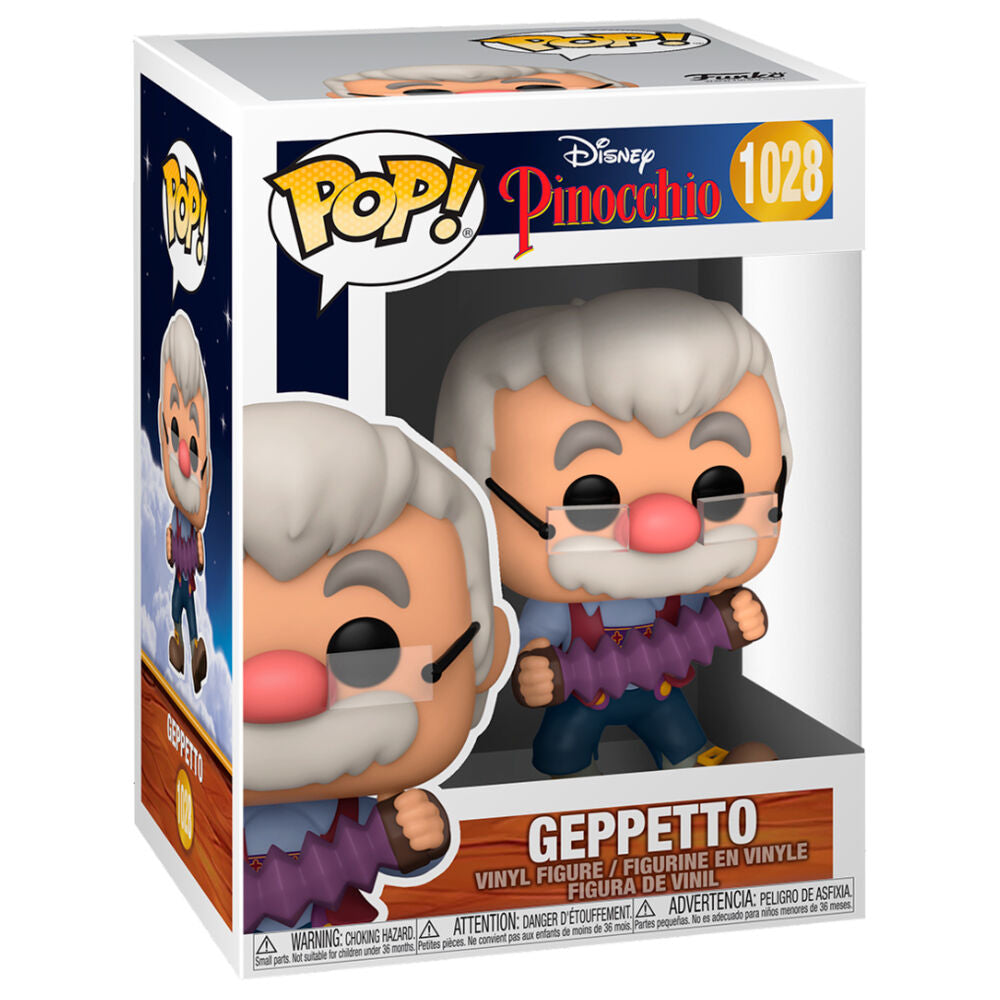Emballage de la figurine Funko POP Disney Pinocchio Geppetto avec accordéon, vue latérale en boîte cadeau