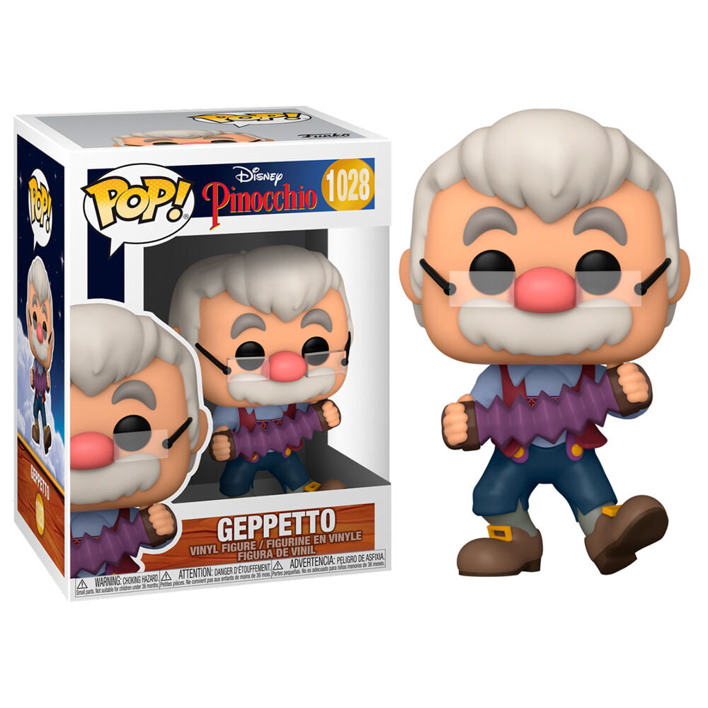 Figurine Funko POP Disney Geppetto avec accordéon vue de face dans sa boîte vitrine transparente