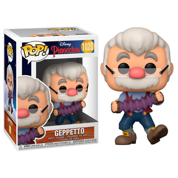 Figurine Funko POP Disney Geppetto avec accordéon vue de face dans sa boîte vitrine transparente