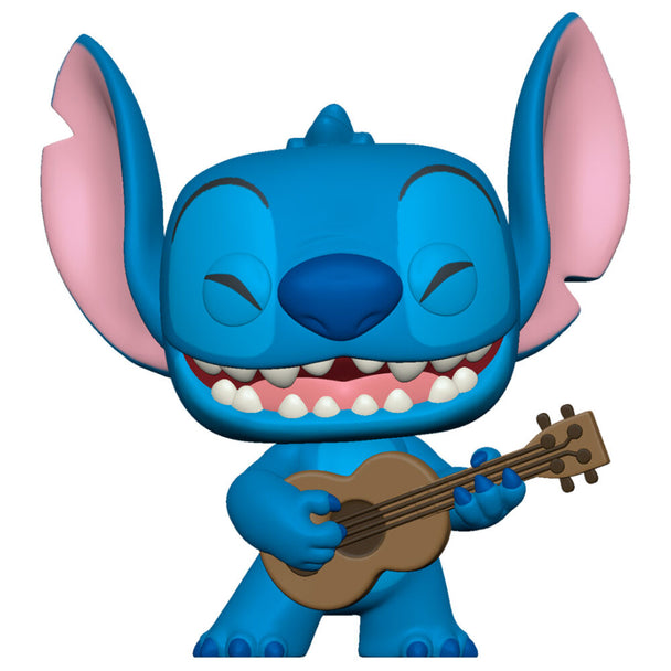Figurine Funko POP Stitch tenant un ukulélé, issue du film Disney Lilo & Stitch, vue de face en boîte vitrine transparente
