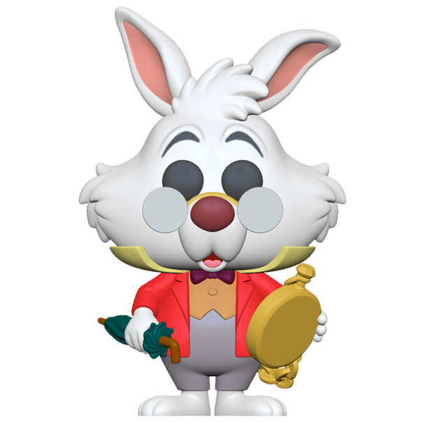 Figurine Funko POP Lapin Blanc de Disney Alice au Pays des Merveilles, édition 70e anniversaire, vue de face dans sa boîte vitrine transparente.