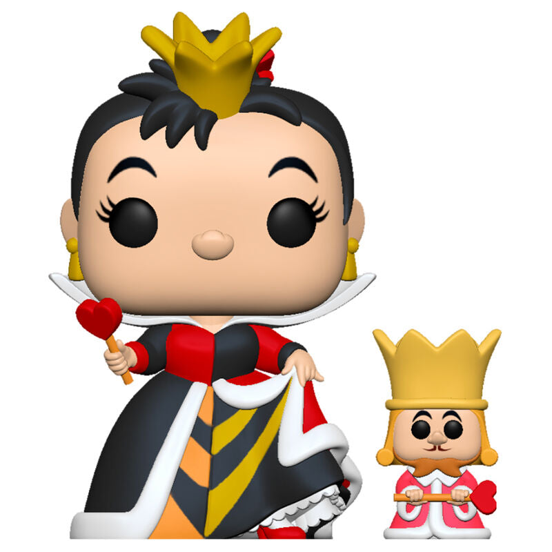 Vue de face de la figurine Funko POP Alice au Pays des Merveilles Reine avec Roi dans sa boîte vitrine de 9 cm