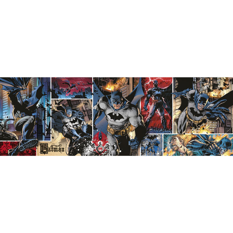 Image du puzzle panorama Batman DC Comics de 1000 pièces assemblé, montrant Batman en action sur fond urbain sombre.