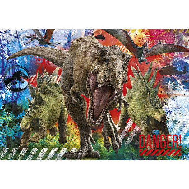 Boîte du puzzle Jurassic World 180 pièces de CLEMENTONI montrant le design coloré et les dimensions compactes du coffret
