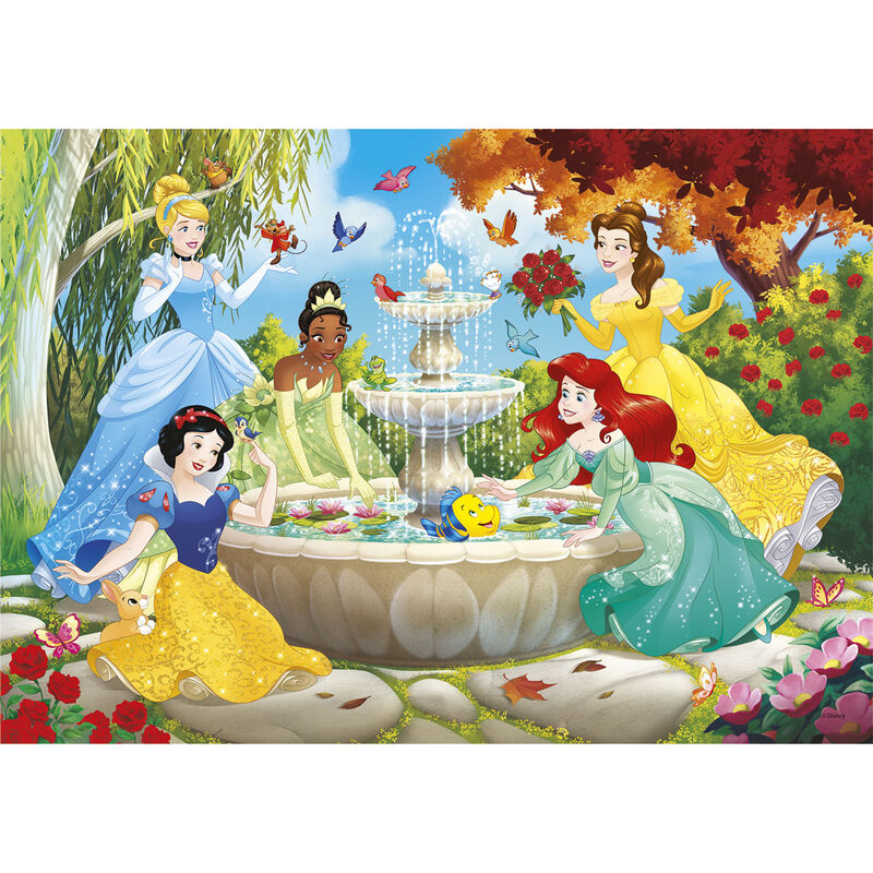 Puzzle Disney Princess 60 pièces assemblé montrant les personnages colorés sur une surface de 33,5x23,5 cm