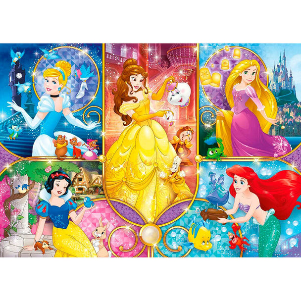Boîte du puzzle Disney Princess Brilliant de CLEMENTONI avec illustration colorée et dimensions 34,3x24,3x3,5 cm