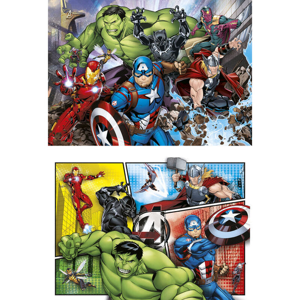 Boîte du puzzle Marvel Avengers 2x60 pièces de CLEMENTONI avec illustrations colorées des super-héros.