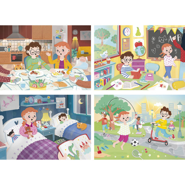 Boîte du puzzle CLEMENTONI A Beautiful Day avec 2x20 et 2x60 pièces, présentant l'illustration colorée et dimensions du produit.
