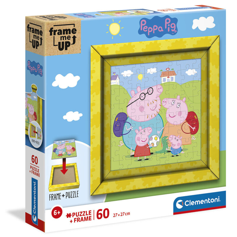 Puzzle Peppa Pig assemblé mesurant 27x27 cm présenté avec cadre