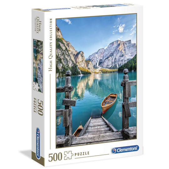 Boîte du puzzle Braies Lake 500 pièces montrant les dimensions et la marque CLEMENTONI.