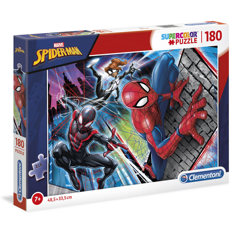 Photo de la boîte compacte du puzzle Spiderman 180 pièces, dimensions 34,3x24,3x3,5 cm