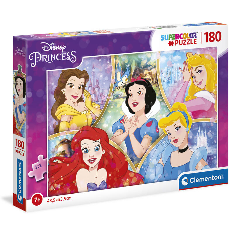 Boîte du puzzle Disney Princess 180 pièces de CLEMENTONI avec dimensions et image du puzzle sur le devant.