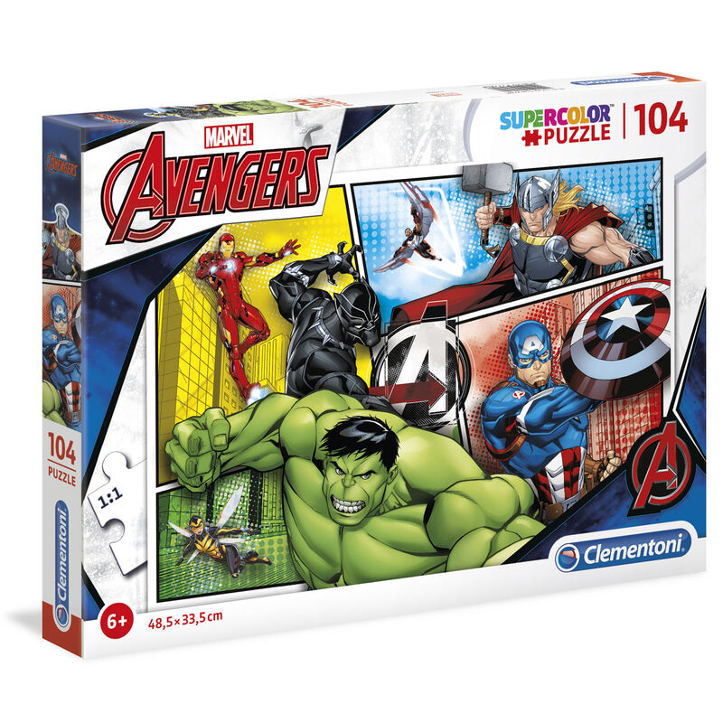 Puzzle assemblé Marvel Avengers de 104 pièces montrant une scène dynamique des personnages sur fond coloré.