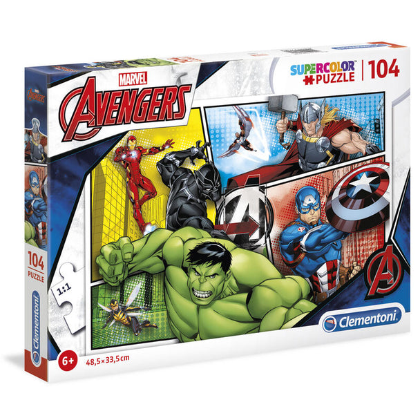 Puzzle assemblé Marvel Avengers de 104 pièces montrant une scène dynamique des personnages sur fond coloré.