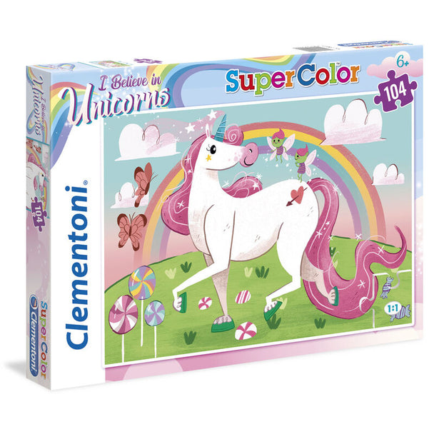 Boîte du puzzle CLEMENTONI "I Believe in Unicorns" montrant le design et les dimensions compactes du coffret