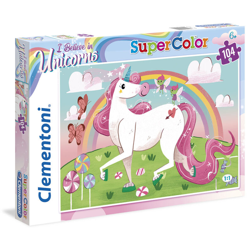 Boîte du puzzle CLEMENTONI "I Believe in Unicorns" montrant le design et les dimensions compactes du coffret