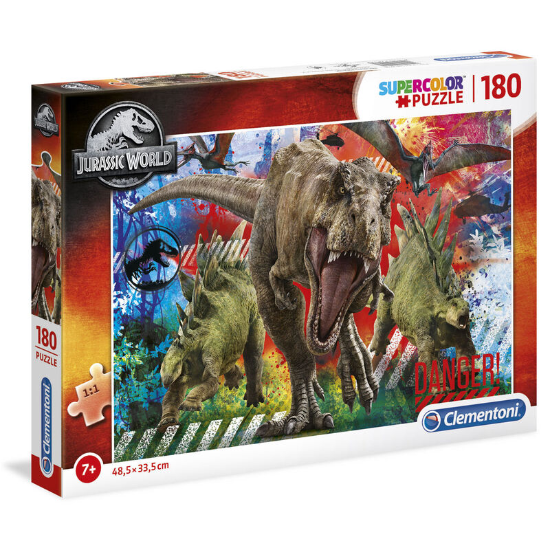 Puzzle Jurassic World assemblé de 180 pièces, illustrant une scène vivante avec des dinosaures détaillés et des couleurs vives